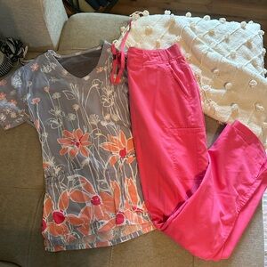 Grey's Anatomy Floral Top and Pink Pants Scrub Set